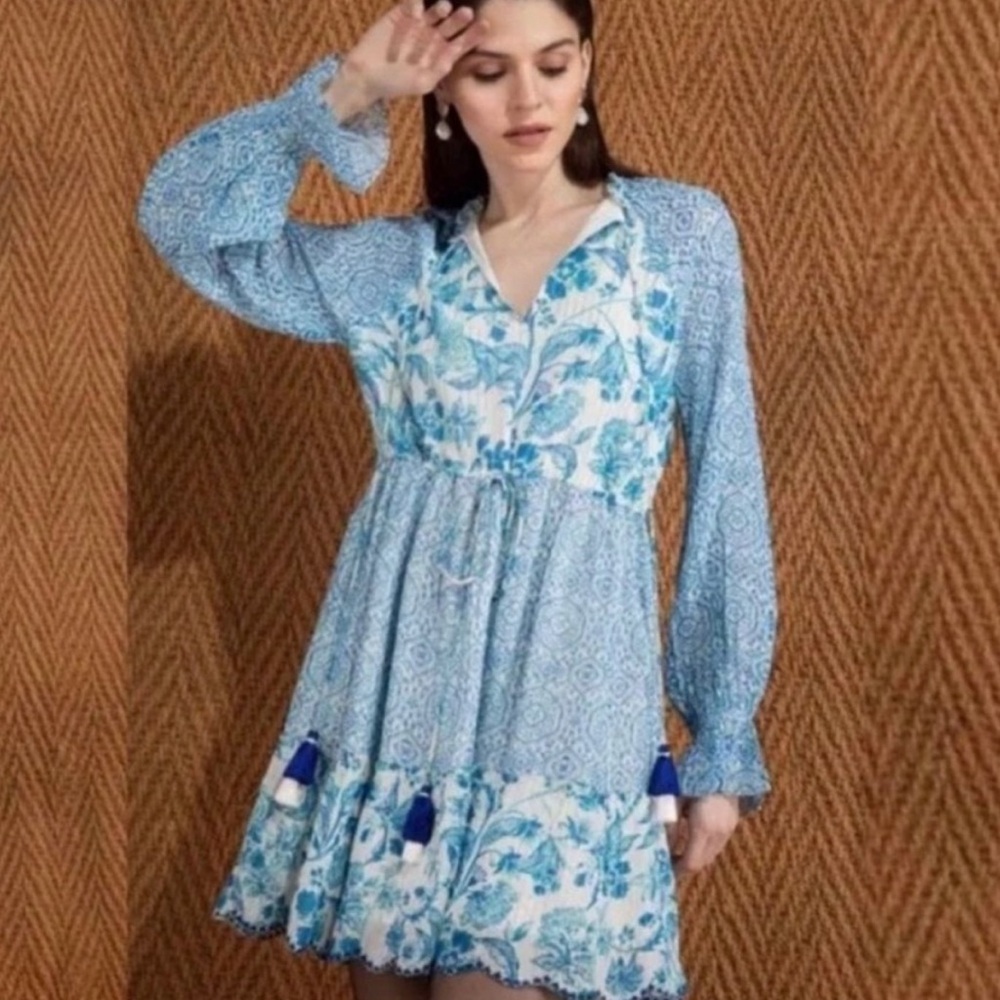 Hemant Nandita blue gold floral dress tie tassel blue small